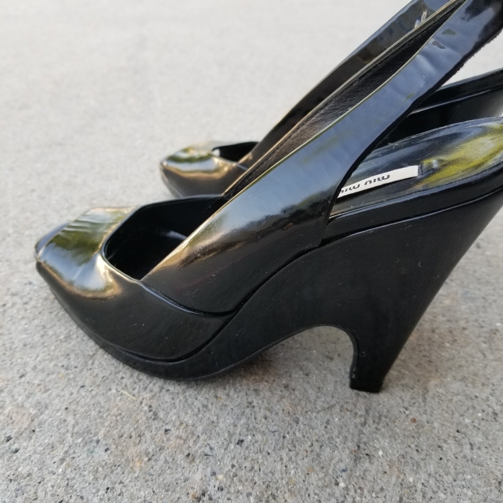 Miu Miu black Patent Leather peep toe wedge heels